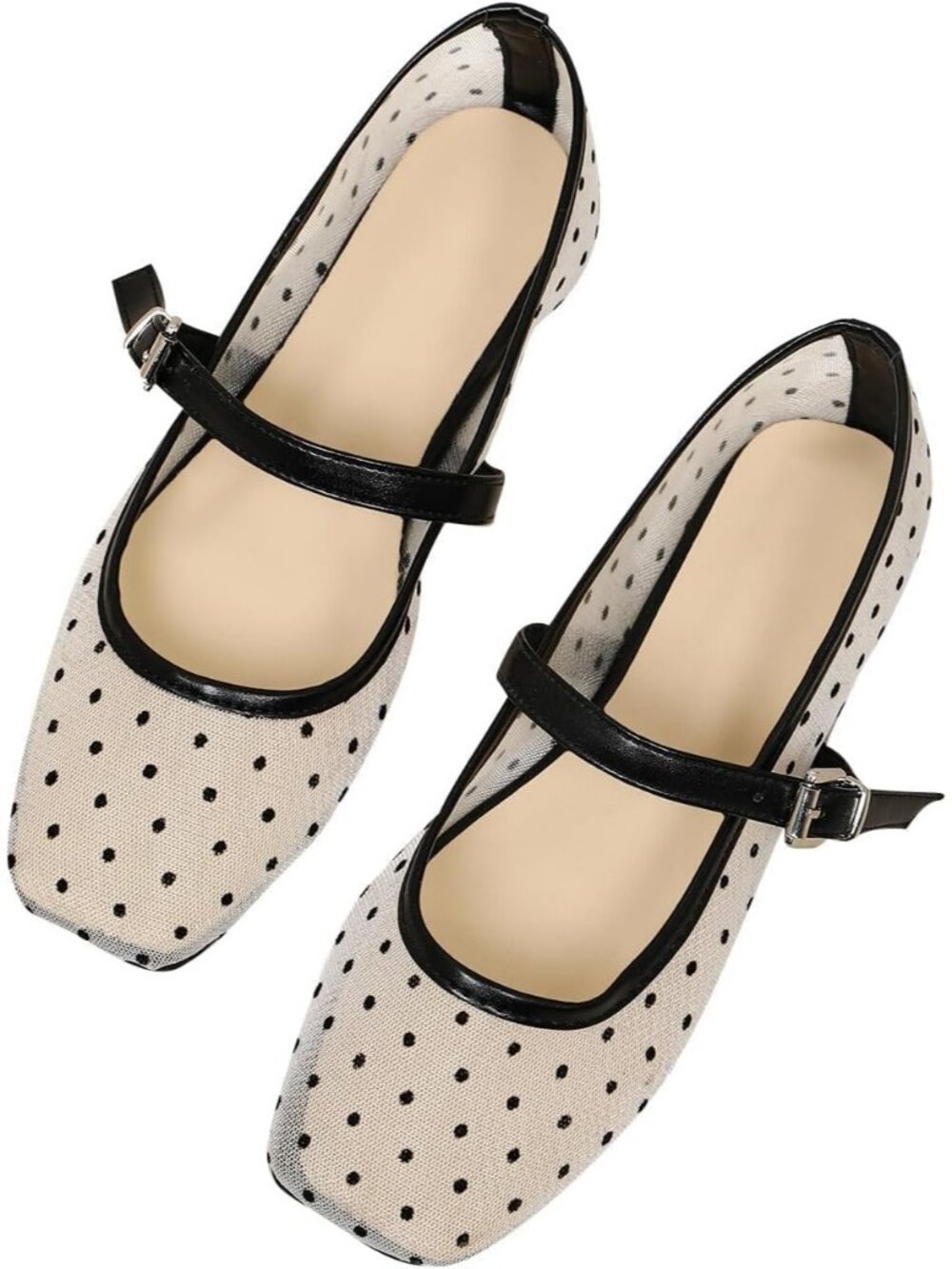 Women's Deep Black White PU Leather Ballet Flats Square Toe Soft Casual Shoes - Picture 4 of 5